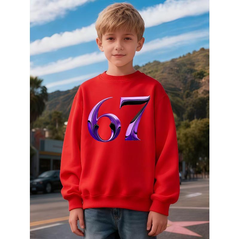 Unisex Kids Crewneck Sweatshirt, 3D Metallic Purple Number 67 Print Long Sleeve Pullover, Boys Girls Birthday Sweatshirt For Kids Over 4 Years Old