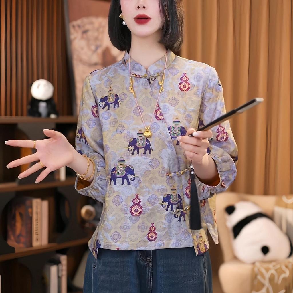 Mother's Day New Chinese Style Women's Seven-Sleeve Frog Button Print Top