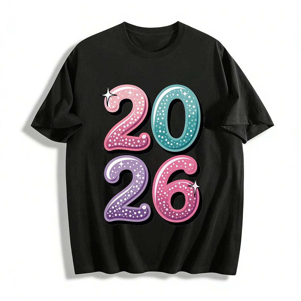 2026 New Year Gradient Glitter Number Print Casual Top Pure cotton T-shirt XXS