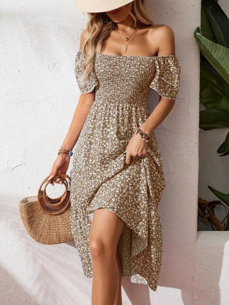 New Wish Bestseller Square Neck Bubble Sleeve Floral Ruffled Dress Long Dress