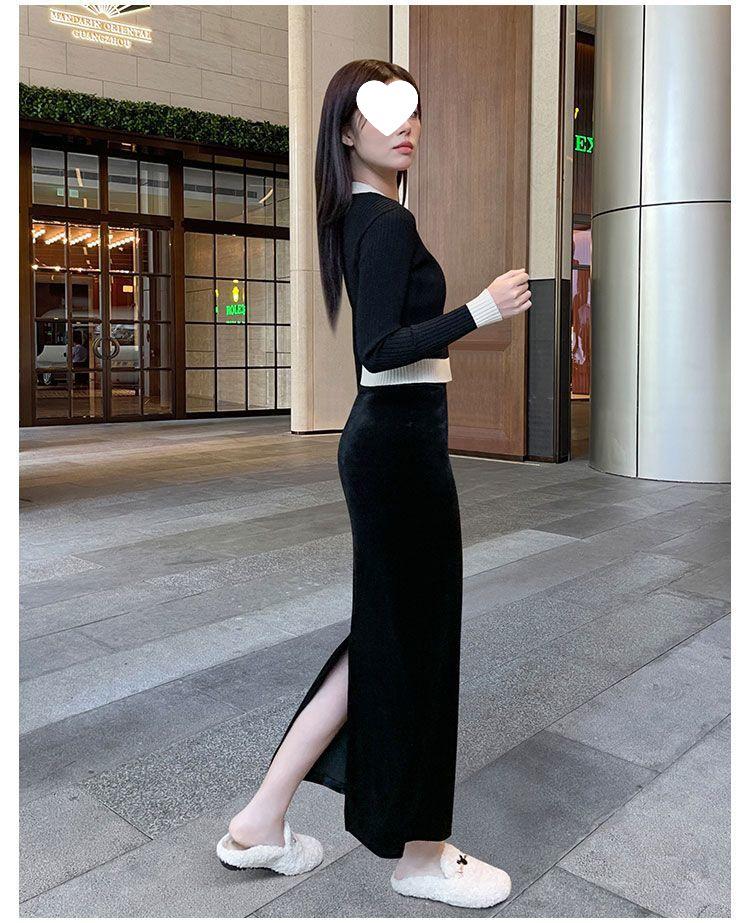 Women's Autumn/Winter Black Velvet Slimming Long Skirt with Thick Lining and Slit