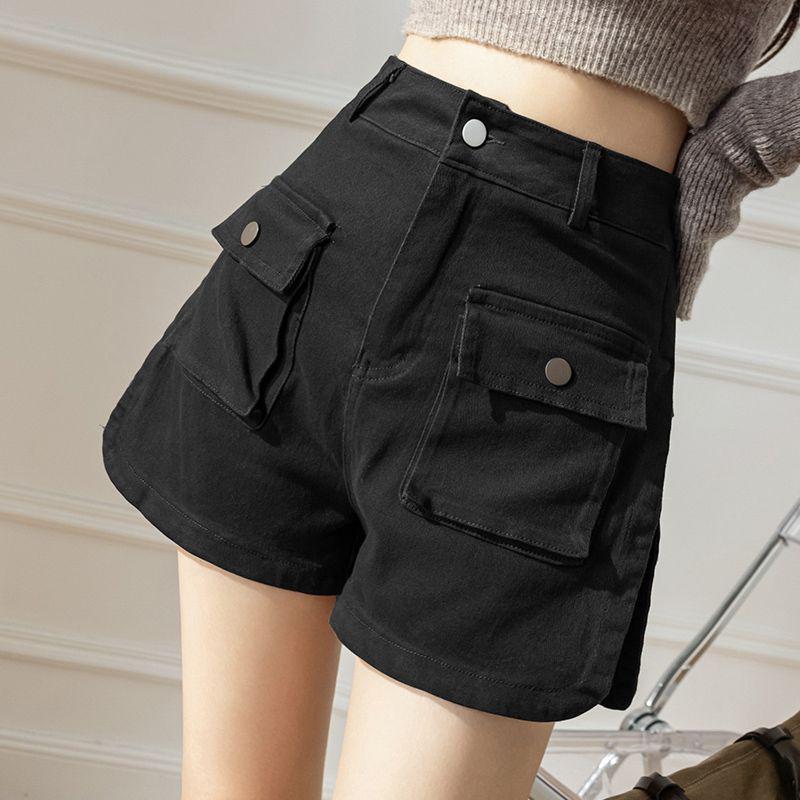 

2026 Summer American Retro High Waist Wide Leg Cargo Denim Shorts for Women XL (fits 110-125 jin) чёрный
