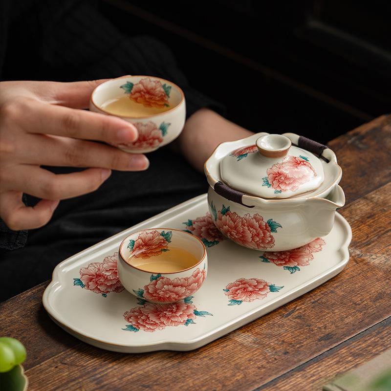 Large Ceramic Peony Teapot with Hand-Grip - Anti-Scald Kung Fu Tea Set for Household