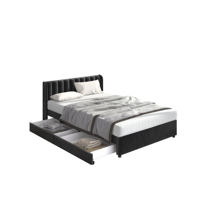 Lit 140x200 cm - MUVOE - Velours Noir - Tiroirs de rangement - Sommier à lattes - 2 places