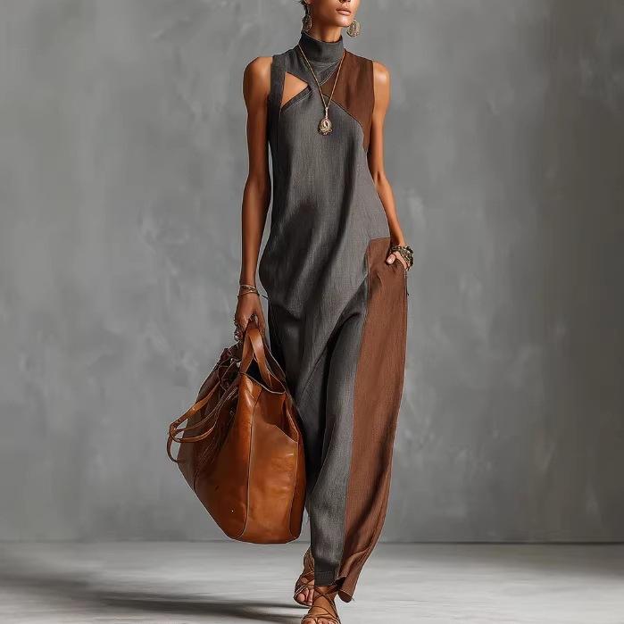 European and American new summer semi-turtleneck dress long color matching fashion women's leisure station