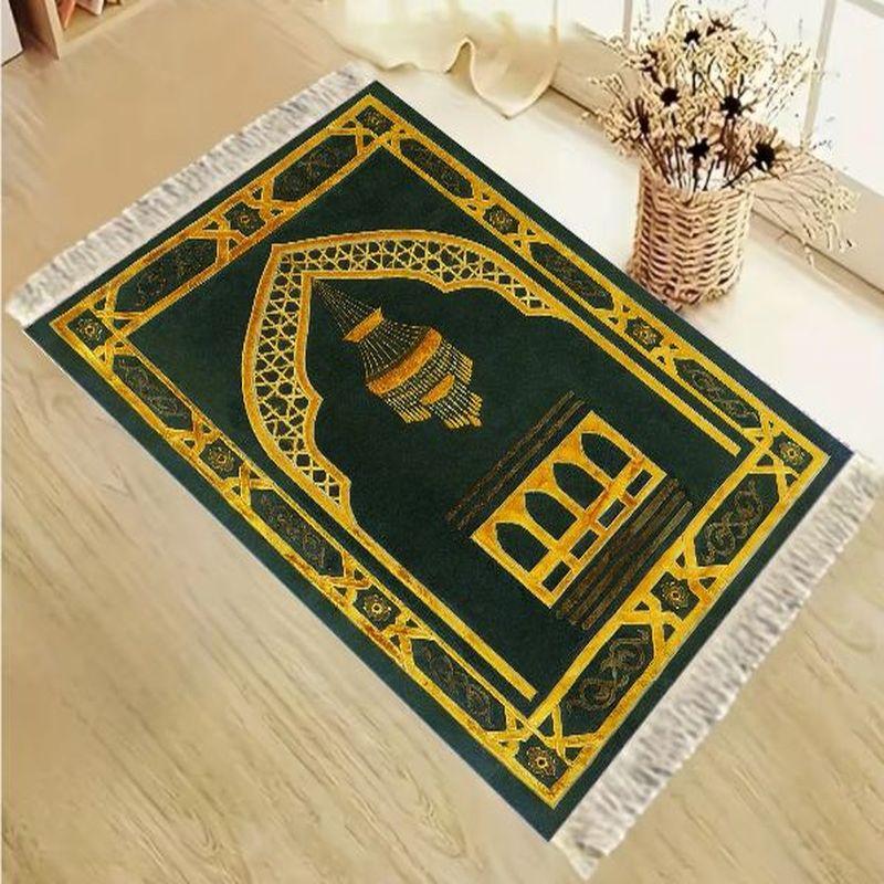 Aksamitna Mata do Modlitwy Muzułmańskiej Luksusowa Złota Bogato Zdobiona Wzór Kaaby Przenośna Antypoślizgowa Dywanik do Modlitwy Eid Mubarak Prezent do Domu
