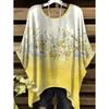 Boho Floralprint Damen T-Shirt Einfaches Vintage Unregelmäßiger Saum Rundhals T-Shirt Modische und Vielseitige Damenbekleidung