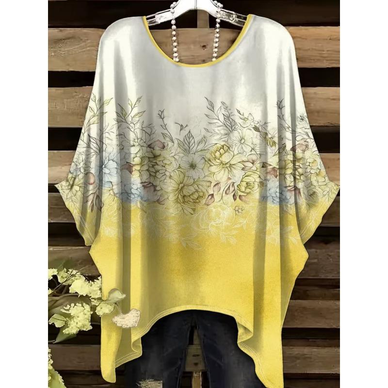 Boho Floralprint Damen T-Shirt Einfaches Vintage Unregelmäßiger Saum Rundhals T-Shirt Modische und Vielseitige Damenbekleidung