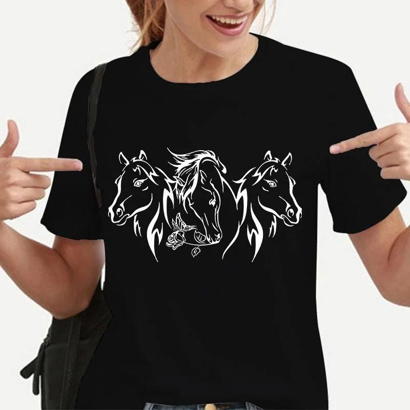 New Horses Print T-shirts Women Summer Cool Short Sleeve Female Casual T-shirts Round Neck Tops
