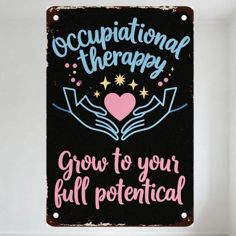 

Vintage Occupational Therapy Metal Sign with Wear Rust, Light Blue Cursive Text, Pink Heart & Hands Wall Decor for Home Office S 20x30cm（7.8x11.8inch）