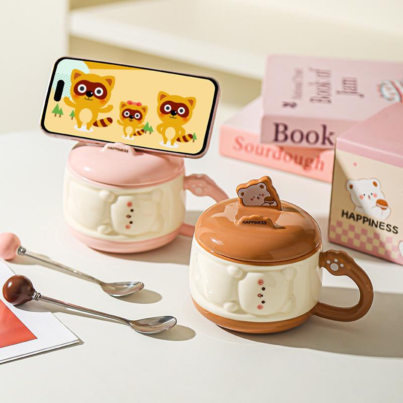 Cute Girl Cartoon Chubby Ceramic Mug with Lid Mobile Phone Stand Cup Birthday Gift Water Cup Souvenir