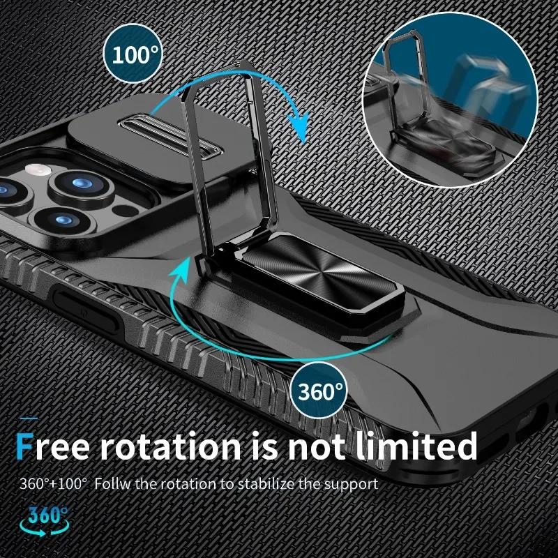 Military-grade Anti-fall and Anti-slip Camera Lens Slide Out Phone Case For iPhone 16 15 14 13 12 Pro Max Hardware Rotary Stand