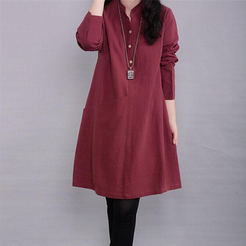 Autumn Literary Women's Loose Large Size Cotton and Linen Dress Long-sleeved Mid-length