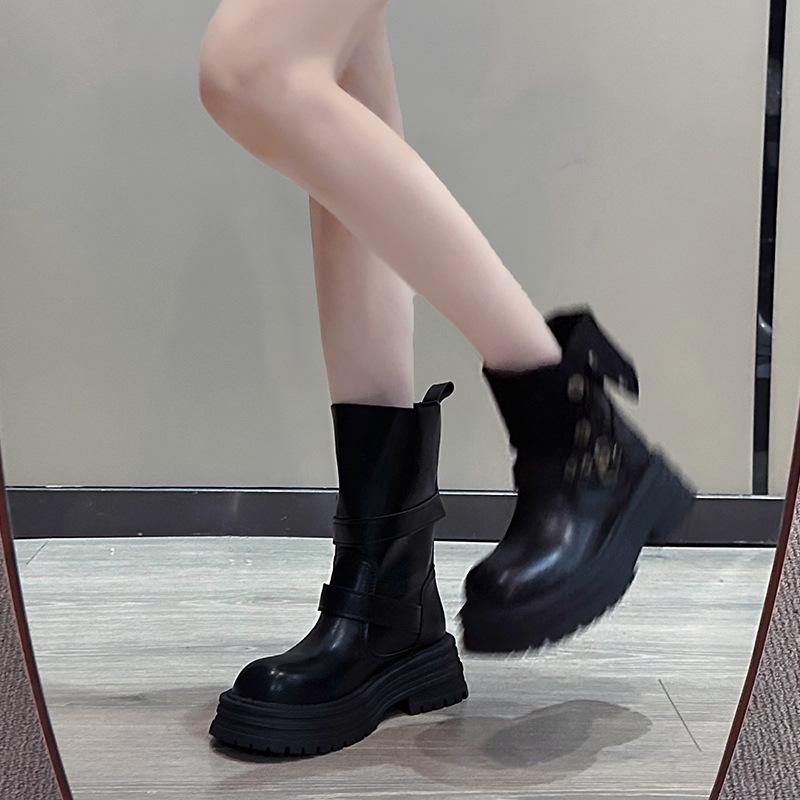 Belt Buckle Two Wear Retro Thick-soled Medium Boots Women's 2025 Autumn New Round Head Thick Heel Korean Version Thin Knight Boots