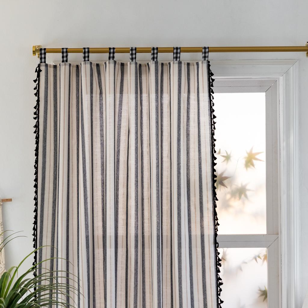 American Curtains Finished Black And White Woven Stripes Black Tassel No Punching Living Room Kitchen Curtains