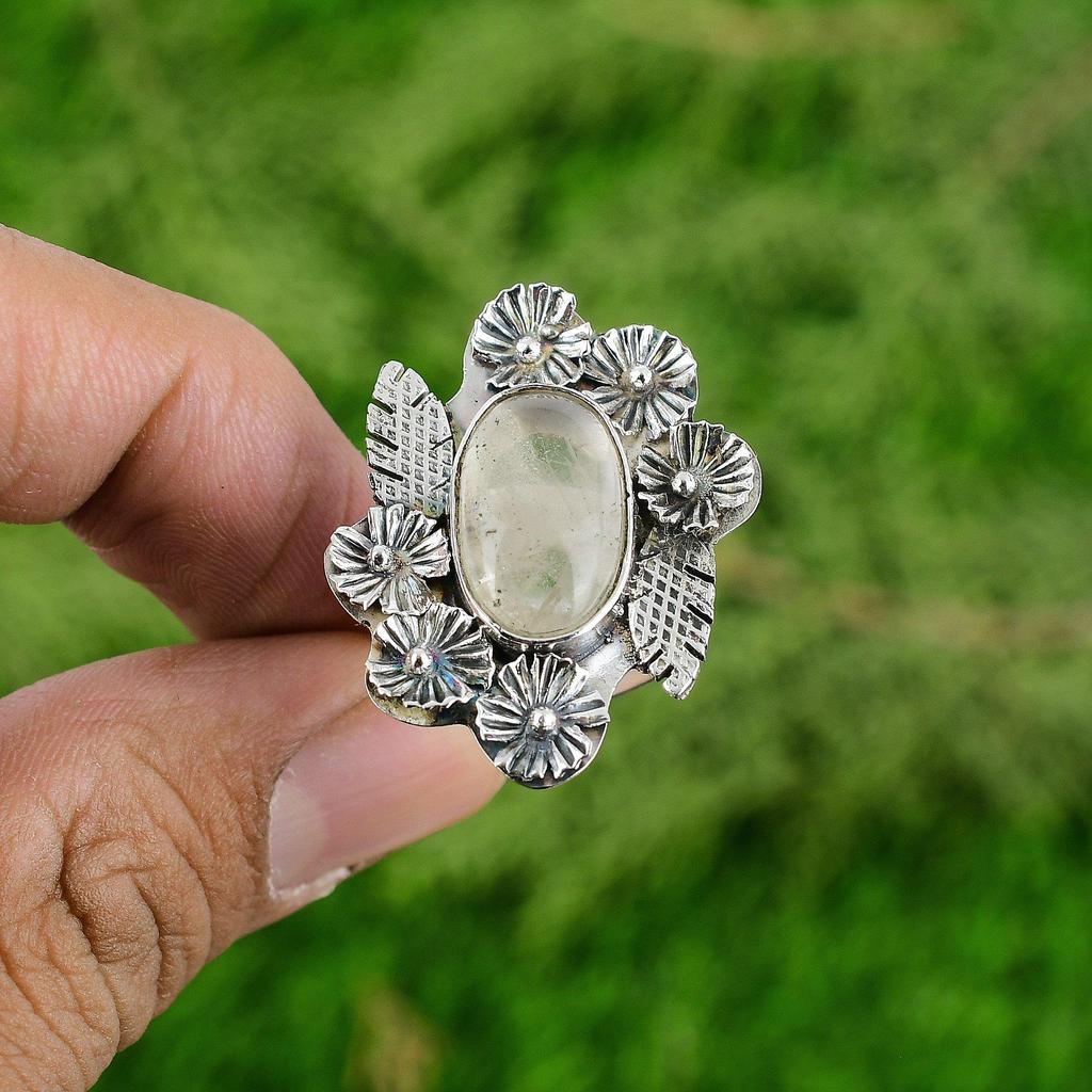 Natural Moonstone Gemstone Stackable Flower White Adjustable Ring 925 Silver