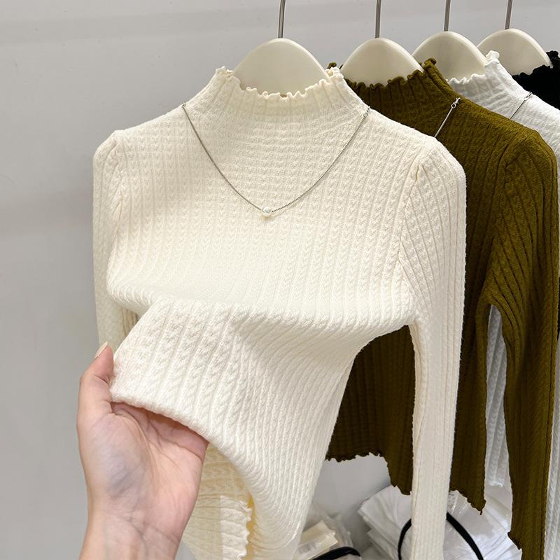 Fungus edge semi-turtleneck bottoming shirt for women, medium neck chic top for autumn and winter, sweater for women