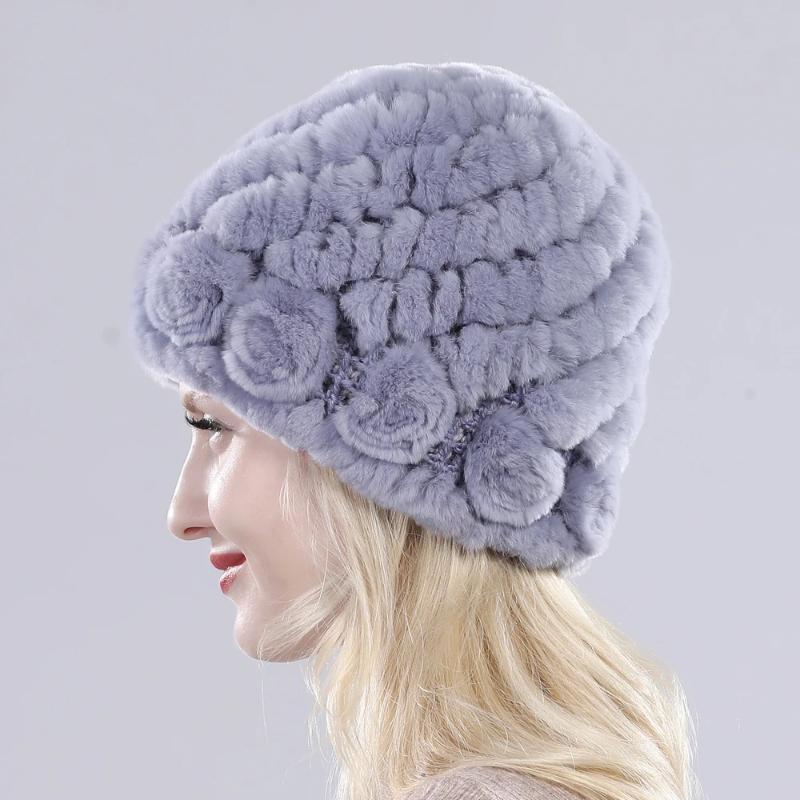 Hot Sell Women Winter Knitted Real Rex Rabbit Fur Hat Fluffy Natural Rex Rabbit Fur Cap Lady Good Elastic Genuine Fur Hats