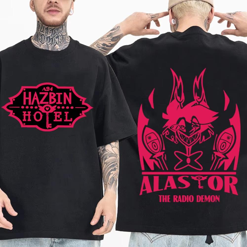 

Винтажная футболка Alastor Hazbin Hotel Радио-демон Мужская Женская Харадзюку С коротким рукавом Круглый вырез Повседневная Дышащая Оверсайз Рубашка Подарок ... S разноцветный