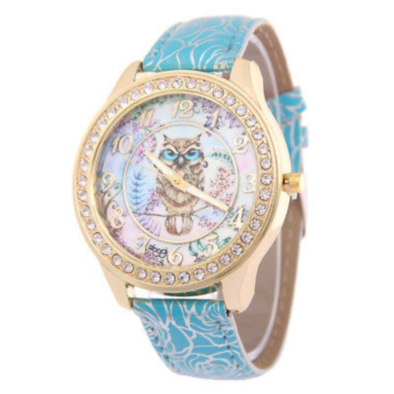 Elegant Women s Quartz Watch With Rose Floral Design And Sparkling Rhinestones Blue