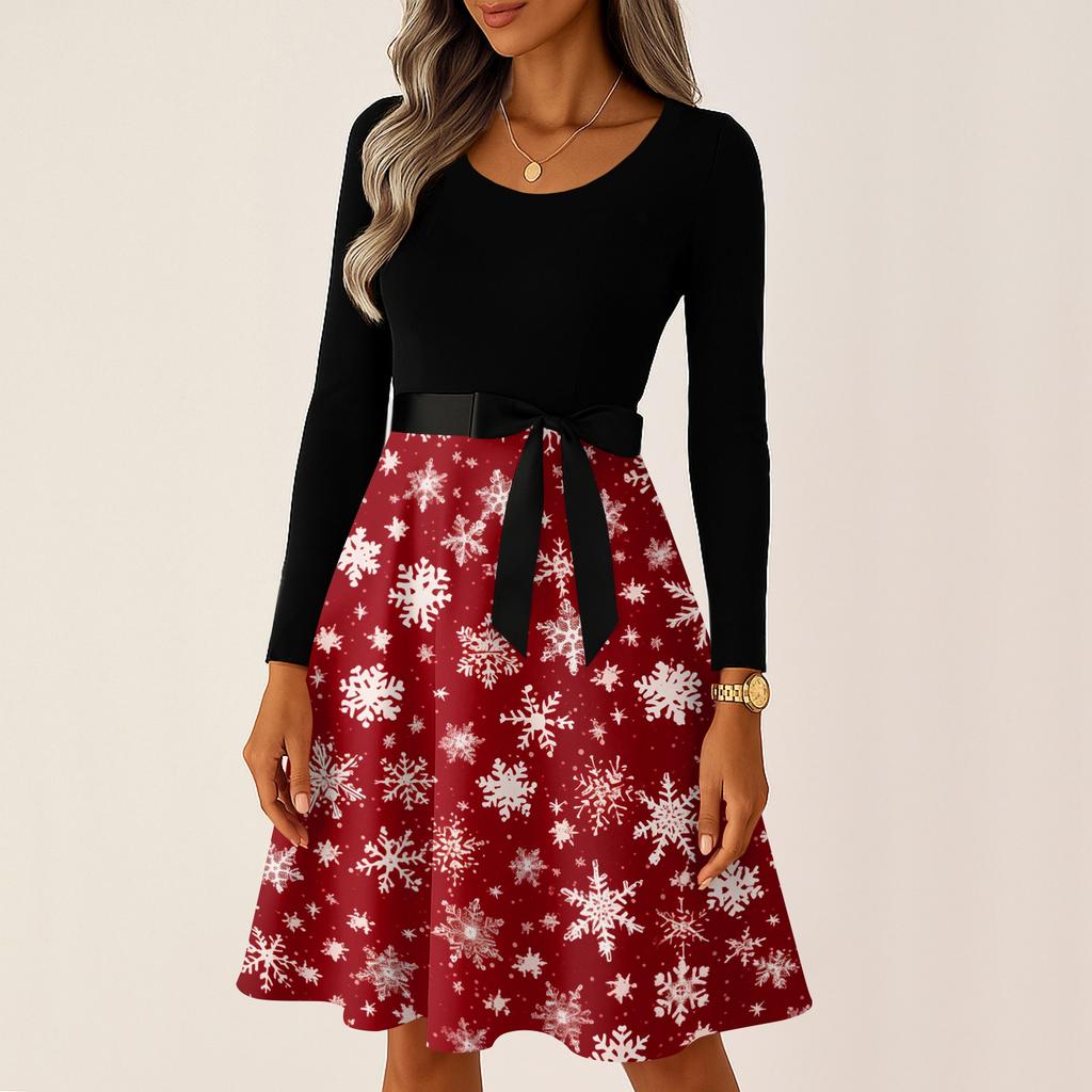 Damskie Codzienne Modne Długie Sukienki Vintage z Długim Rękawem i Świątecznym Nadrukiem Graficznym