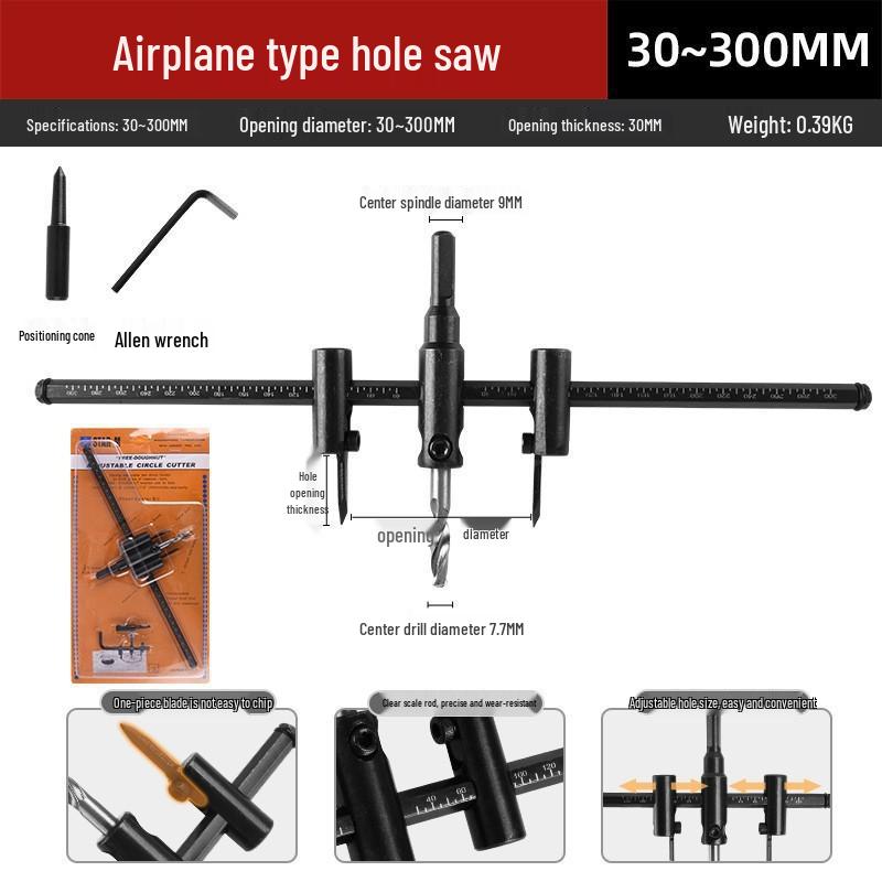 Adjustable Hole Saw for Wood, Gypsum, and Plastic with Ejector Drill Bit.