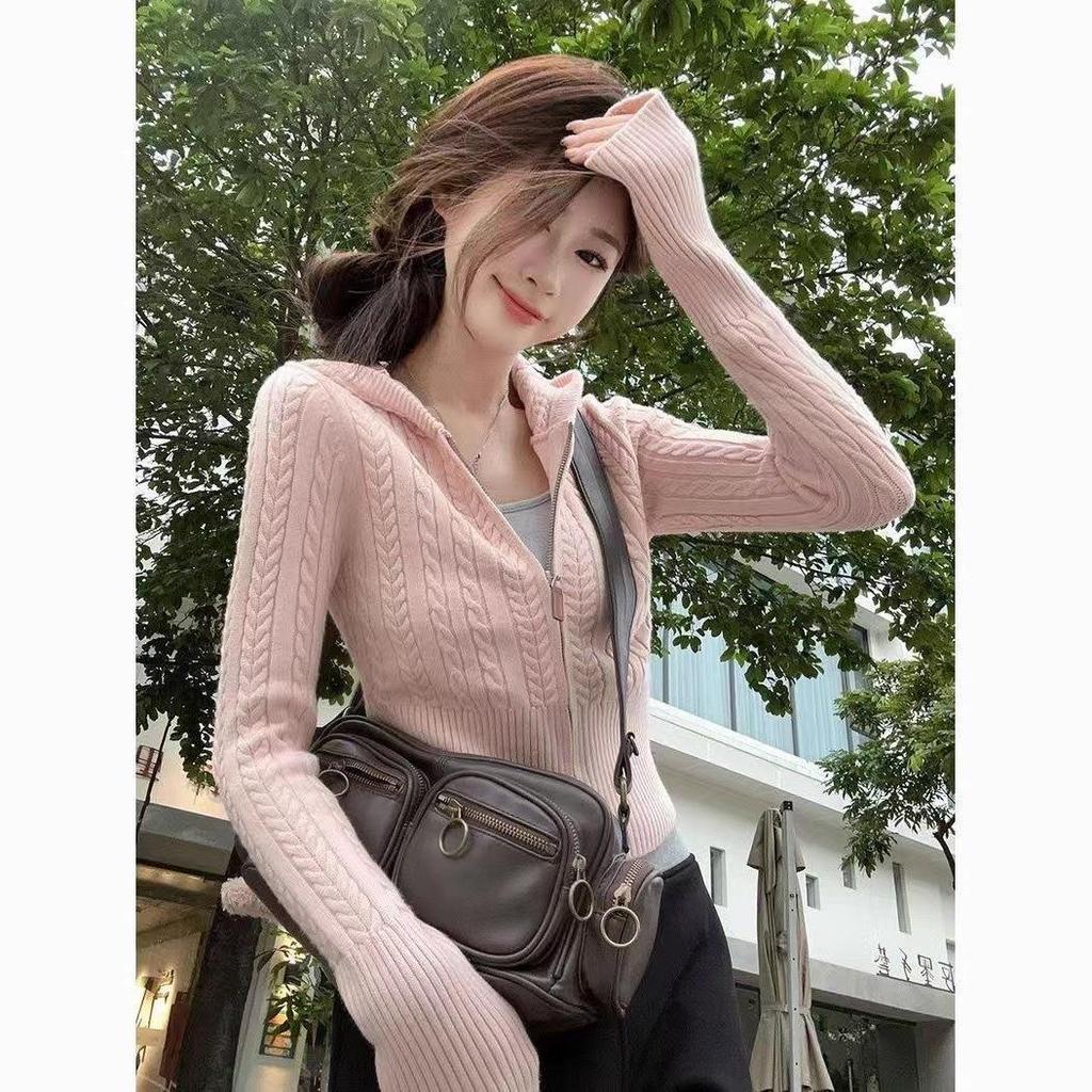 Korean Style Women's Hooded Zipper Jacket & Chunky Knit Cardigan - Waist-Cinched, Soft & Cozy Top