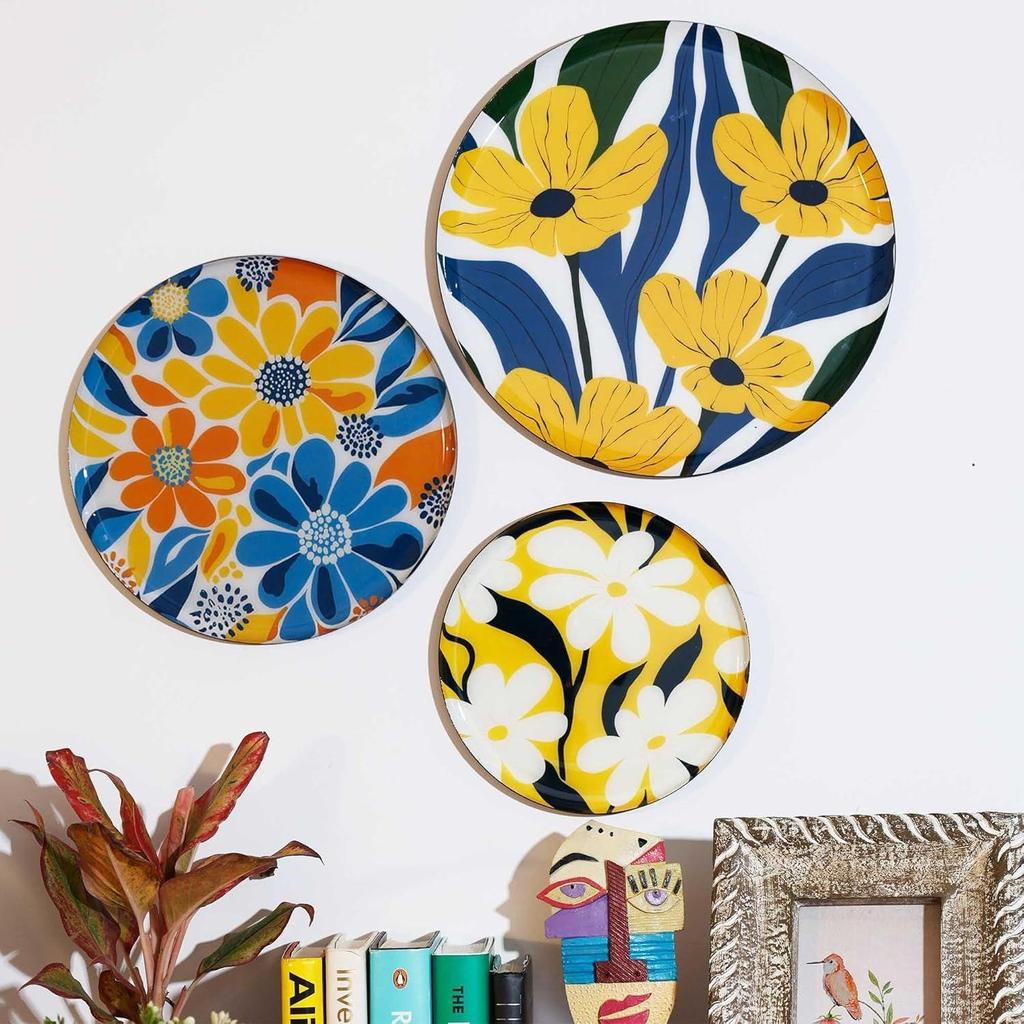 Metal Wall Plates | Home Decoration | Vivid Floral Art Design | Living Room Wall Decoration | Décor Items | Gift Items (Multicolour) (Set of 3)