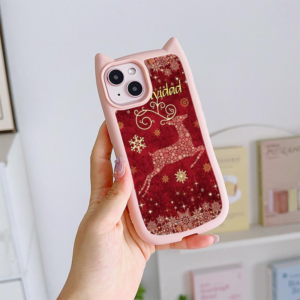 Cat Ear Soft Phone Case for iPhone 16 15 14 13 12 11 Pro Max Plus XR X TPU Anti-Drop Transparent Acrylic Back Cover NY28 Christmas tree Santa Claus