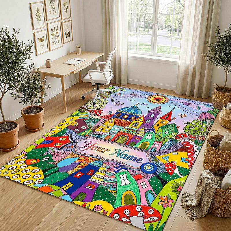 Fantasy Castle Theme Soft Crystal Velvet Rug Custom Name & Text Print Non Slip Floor Rug for Bedroom Living Room
