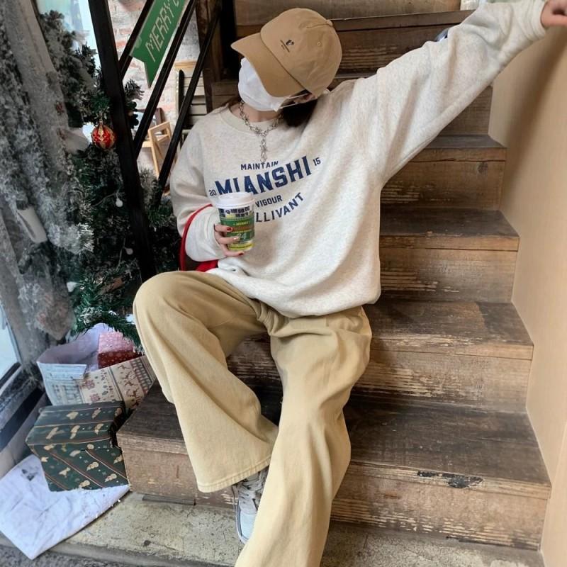 American Streetwear Vintage Oversized Crewneck Sweatshirt Winter Fleece Lined Casual Top