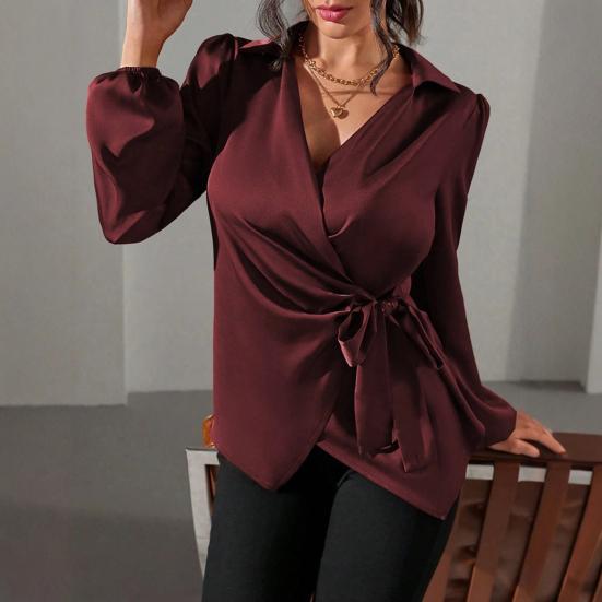 Damesblouse Kraag Lange Mouw Zijdelings Vetersluiting Taille Ontwerp Blouse Tops Slim Fit Effen Kleur Kantoor Damesblouse Feest Vakantie Kleding