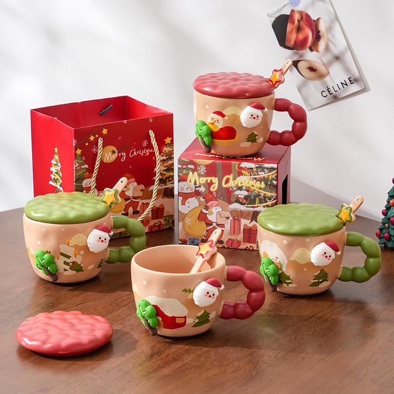 Cupa Creativă de Crăciun din Ceramică cu Capac Valoare Ridicată Desene Animate Drăguță Birou Cuplu Cupă de Apă Cutie Cadou Suvenir