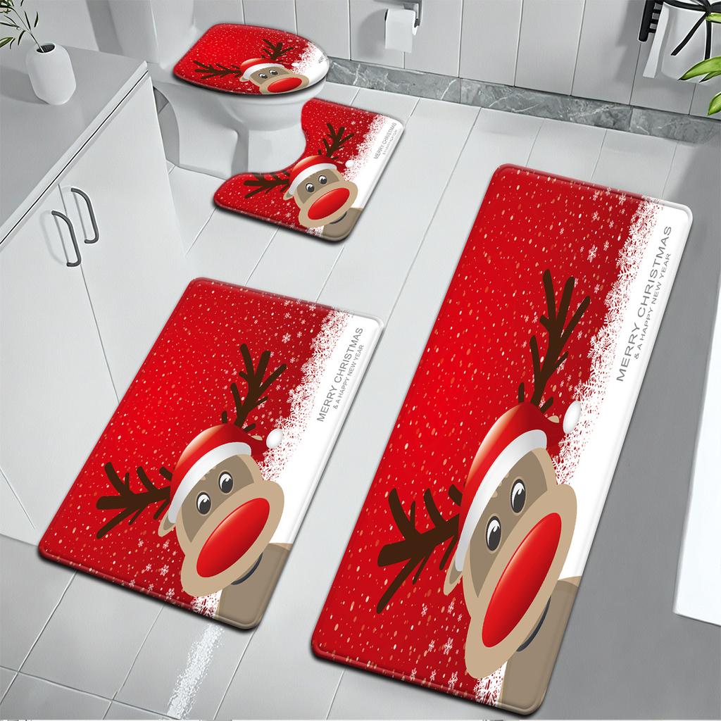 3pcs Christmas Red Background Snowflake Reindeer Pattern Bathroom Mat Set Toilet Seat Cover and Rug Bathroom Decoration Foot Mat