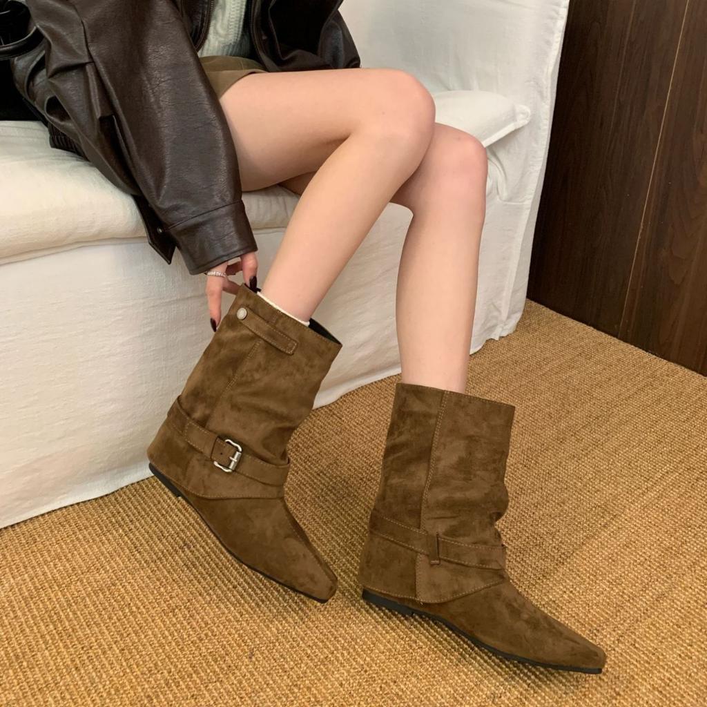 Small square head inner height increase belt buckle short boots women's autumn new temperament short thin boots