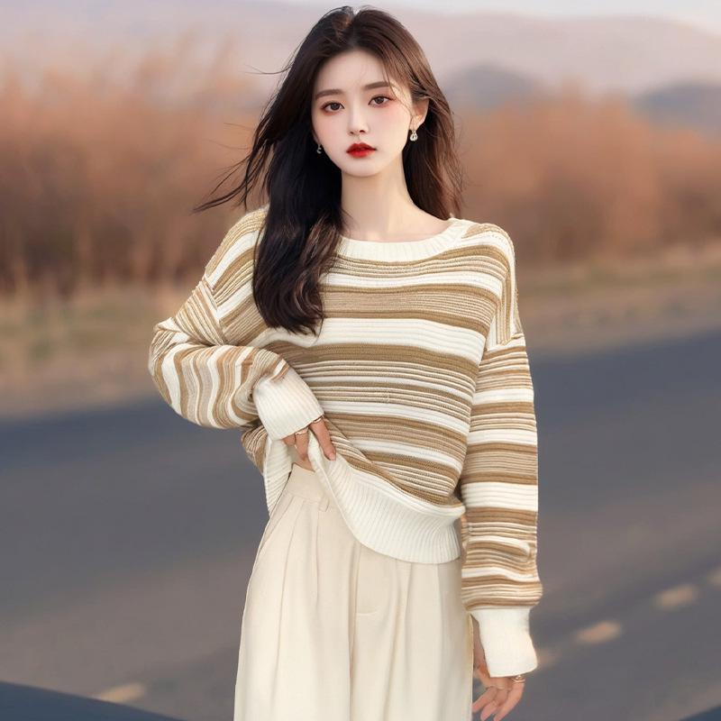 2025 Autumn Korean Striped Loose Knit Pullover Sweater for Women