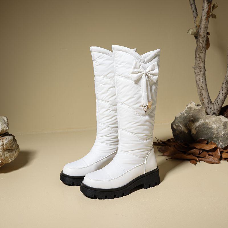 Winter Snow Shoes Round Toe Thick Heels 5cm Slip On Bowknot Waterproof Plush Warm Knee High Bota Big Size 43 44