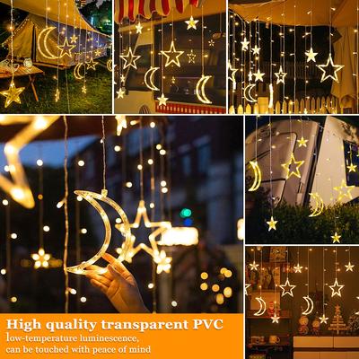 Solar Icicle Lights LED Outdoor Waterproof Moons Stars Curtain Window String with 8 Modes Warm White Hanging Decor for Patio