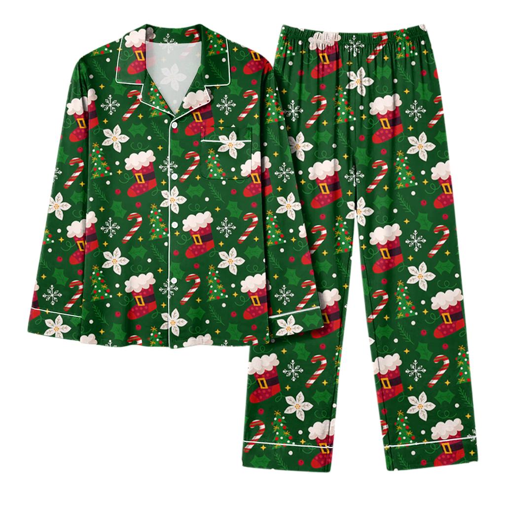 Dames avslappet mote juleprint langermet topp og bukser hjemmesett