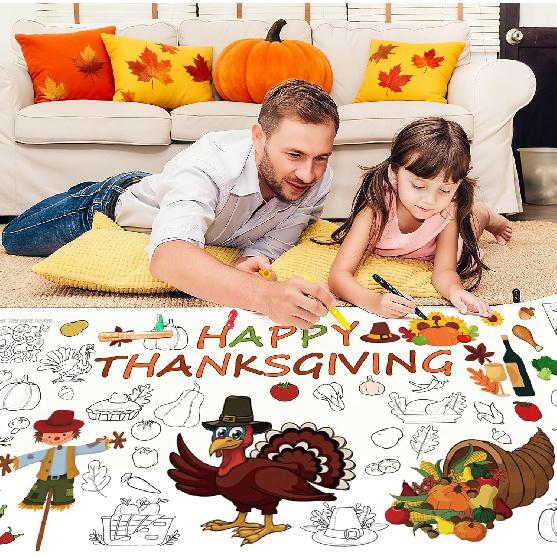 Bonropin Thanksgiving Party Giant Coloring Poster - 31.5X 72 Inches,1 Pack Thanksgiving Fall Coloring Tablecloth for Kids, Paper Holiday Themed