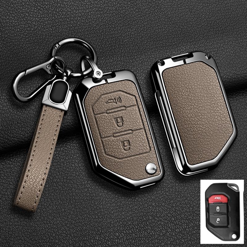 Convient Pour Jeep Gladiator Jt Sahara Jlu Wrangler Jl Rubicon Alliage de Zinc Cuir Véritable 2 3 4 Boutons Housse Étui Porte-clés pour Clé de Voiture Accessoires Auto
