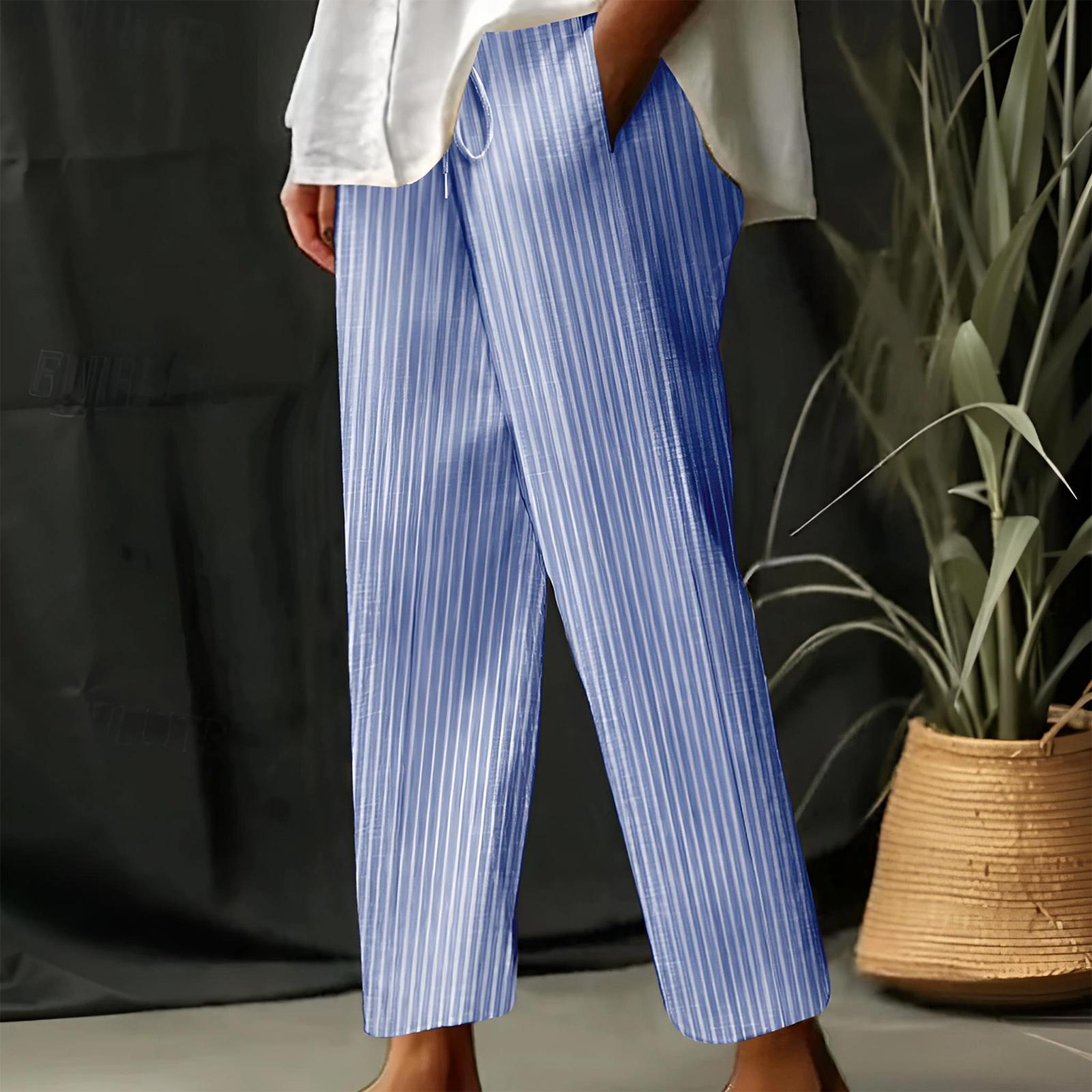 Women s Striped Cotton And Linen Loose-fitting Casual Trousers L