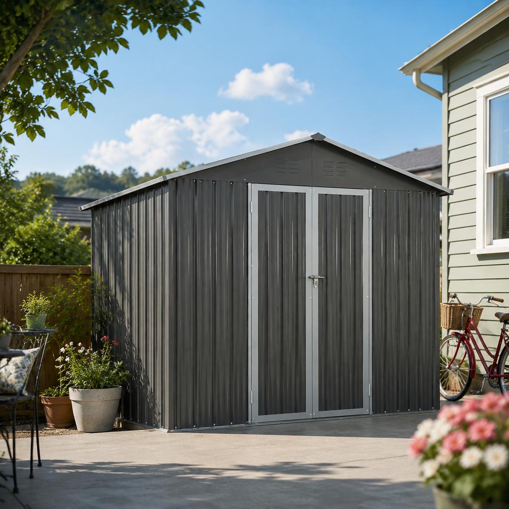Metal Garden Shed 10x8 ft with Apex Roof in Grey as Outdoor Storage. The shed is equipped with an integrated floor frame. Floor area: 7.46 m².