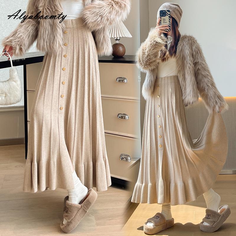 French Style Autumn Winter Women Knitting Skirt High Waist Beige Black Knitted Ruffles Skirt Elegant Feminine Split Ladies' Skirts Womens