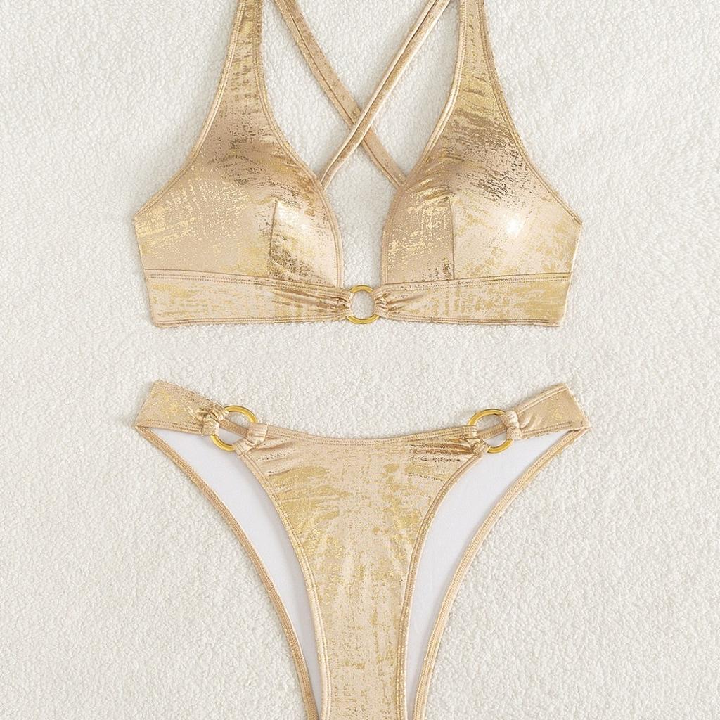 Damen Badeanzug Sexy Gold Halter Nackenkreuzbindung Hohe Taille Bikini Set Badeanzüge