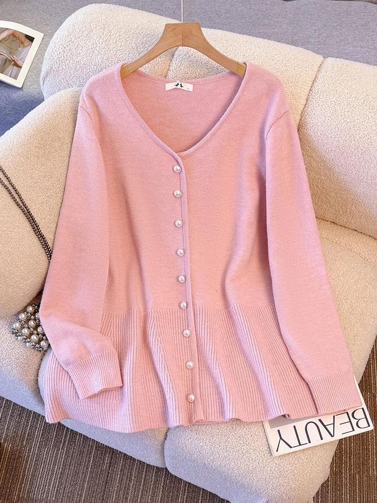 Plus Size Women's V-Neck Cardigan Sweater, Korean Style, Autumn/Winter, Slimming Knit Long Sleeve Top, Fits 130-300 Jin