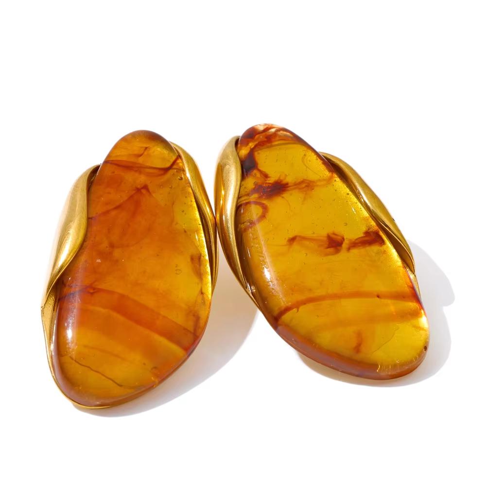 Yhpup Nuevo Diseño Marrón Verde Beige Resina Geométrica Anillo Ajustable Acero Inoxidable PVD Dorado Resistente a la Corrosión Joyería para Dedos Regalo