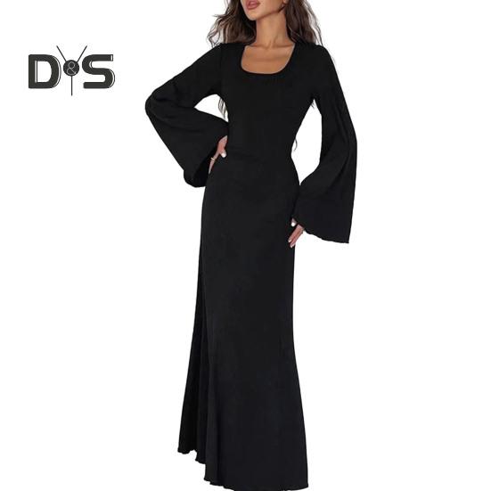 

Женское платье с U-образным вырезом, длинным рукавом, А-силуэтом, облегающим кроем, эластичным, с длинным рукавом, на бретельках сзади, со шнуровкой, длиной до щиколотки, однотонное макси-платье S чёрный