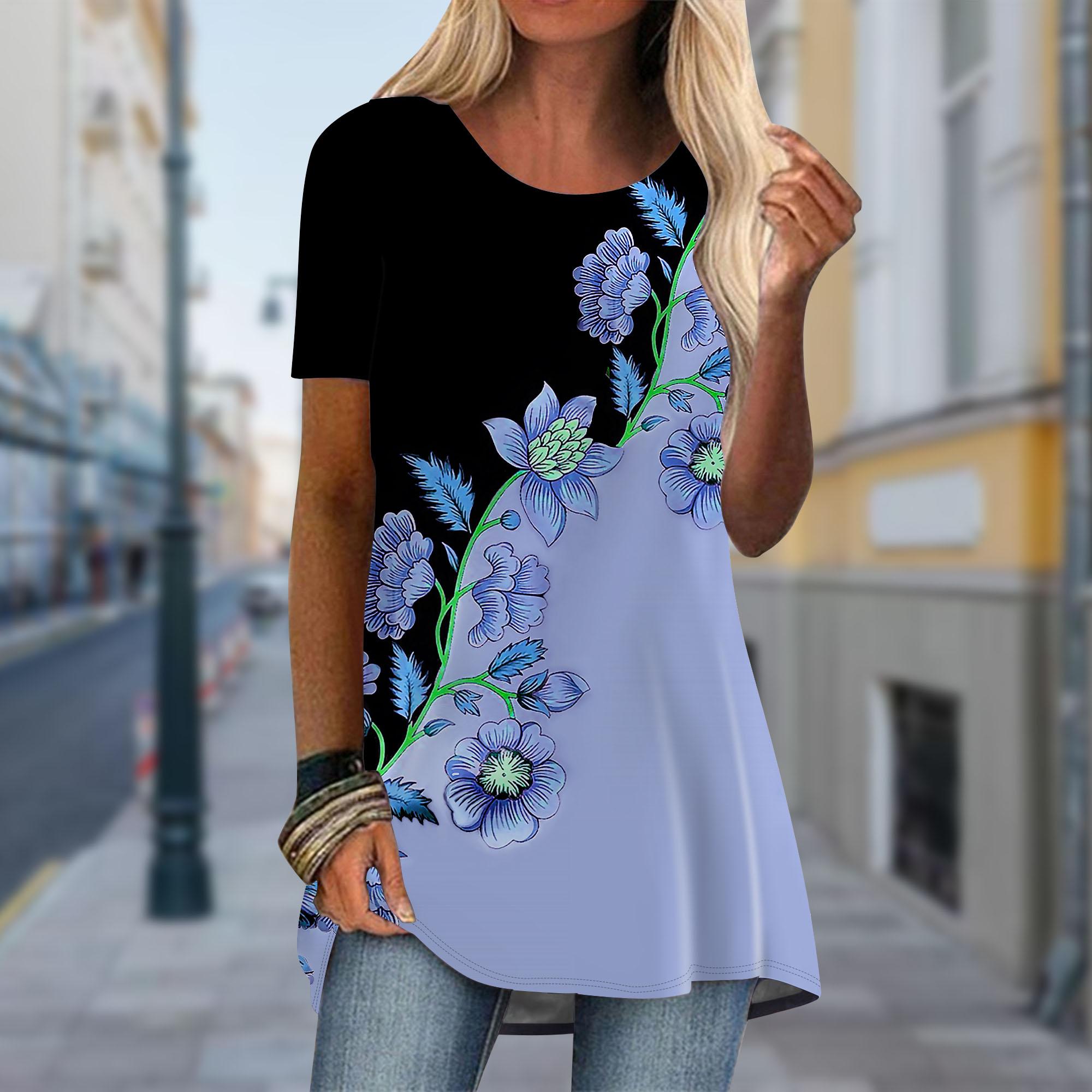 

Плюс размер Женская весенняя жемчужная головная повязка с принтом, удобная футболка с коротким рукавом и круглым воротником, повседневные мешковатые футболки средней длины 2XL фиолетовый