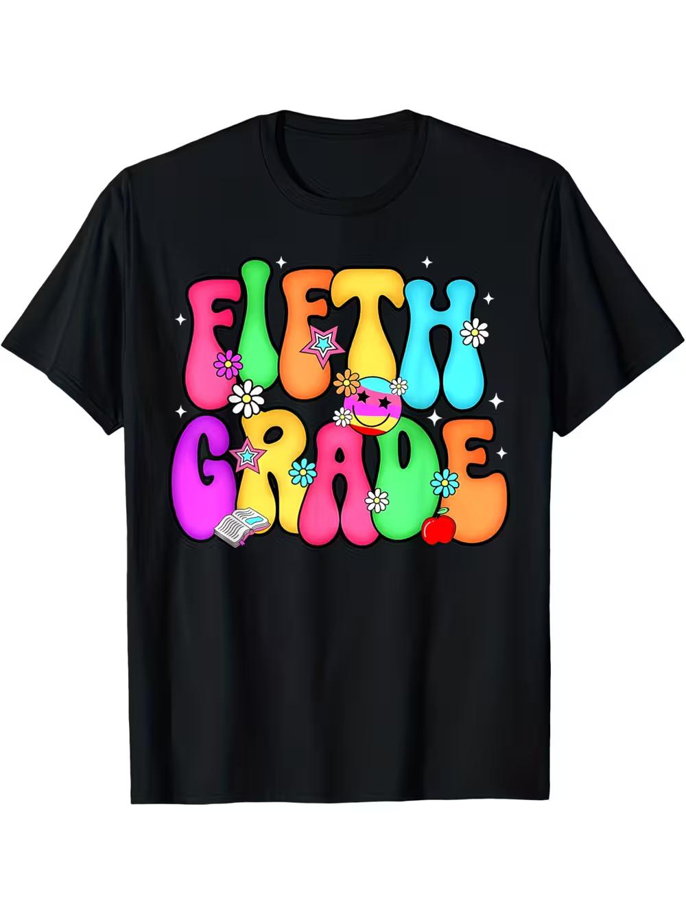 Fifth Grade Teacher Back to School First Day T-Shirt- Black Casual Loose Fit Tee with Vibrant FIFTH GRADE Graphic Print XXXXL